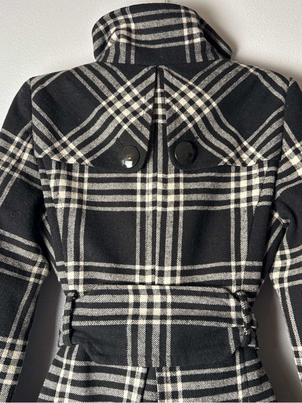 Vintage Express Black & Cream Plaid Belted Fit-and-Flare Coat Wool Blend - Picture 7 of 8